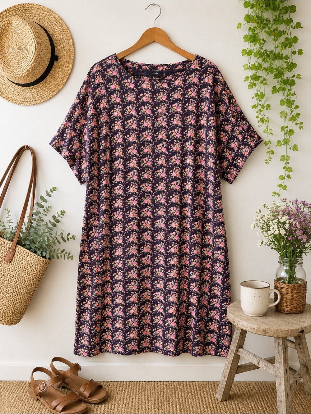 Garnet Hill Floral Knit Shift Dress Dolman sleeves Size Large Cotton Modal Blend